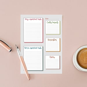 May include: A printable sheet of to-do lists with different categories, including "Very Important Tasks", "Not so Important Tasks", "Calls/Emails", "Remember", and "Notes".