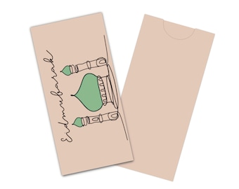 May include: A beige card with a simple line drawing of a mosque with a green dome and the text "Eid Mubarak" written vertically on the left side.