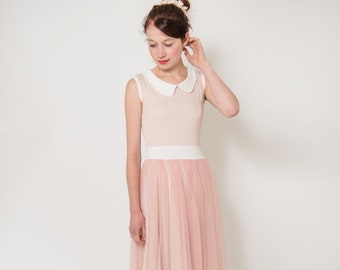 Robe tulle « Tea Rose » en rosé avec col bubik