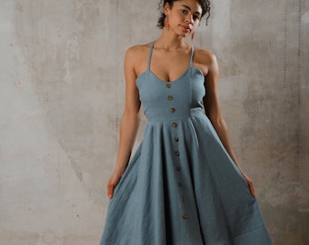 Backless linen dress "Scilla" in Dusty Blue