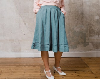 Linen skirt "Linnen Waves" in Dusty Blue with Biesen