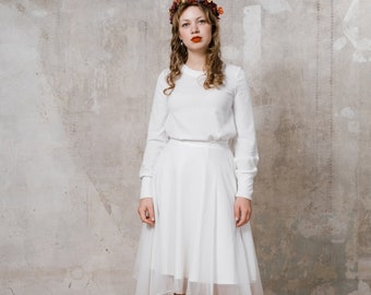 Winter wedding dress "Clay" short and loose with long sleeve