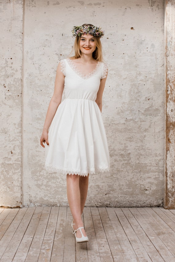 french short wedding dress Custom Short Wedding Dress With Sweetheart Illusion Lace Bodice