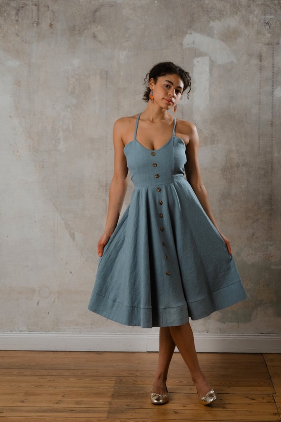 knee length dresses for ladies Dusty blue floaty cotton dress with lace detail main image 0