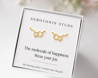 GOLD Serotonin Molecule Stud Earrings - Science Biology Jewellery