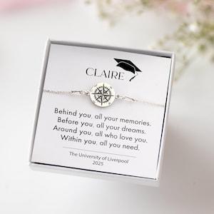 Afstudeercadeau voor meisjes: gepersonaliseerde kompasarmband | Aangepaste universiteit | Afgestudeerd | Veilig reizen en nieuwe reissieraden