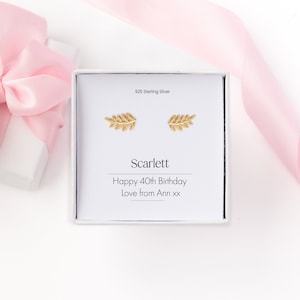 40e verjaardagscadeaus voor vrouwen, gepersonaliseerde gouden oorbellen cadeau voor haar - verjaardagskaart - hypoallergene bladgoudstekers voor gevoelige oren