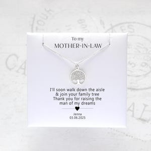 Presente de casamento de agradecimento à sogra, colar elegante para a mãe da noiva, joias perfeitas para o dia do casamento, cartão de agradecimento personalizado para a filha