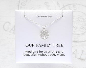 Family Tree of Life Necklace - Mother's Day Gift, Birthday Gift for Mum, Silver Family Bonding Strength and Roots Pendant, Appreciation Card