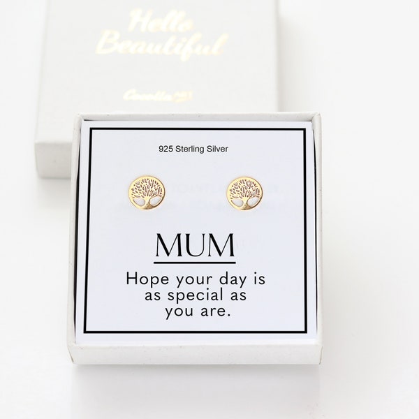 Happy Mother's Day Elegant Family Jewellery, 24k Gold Plated Tree of Life Stud Earrings for Mum, Special Mummy Present