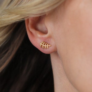 Gold Leaf Stud Earrings - Delicate and Dainty Earring Design - Elegant Gift for Women - 925 Sterling Silver Coated Gold