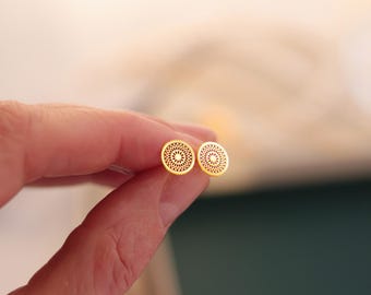 Gold Filigree Stud Earrings, Mandala Dainty Jewellery, Minimalist Gift for Her