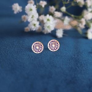 Rose Gold Circle Stud Earrings - Filigree Earrings for Ladies - Lightweight & Small