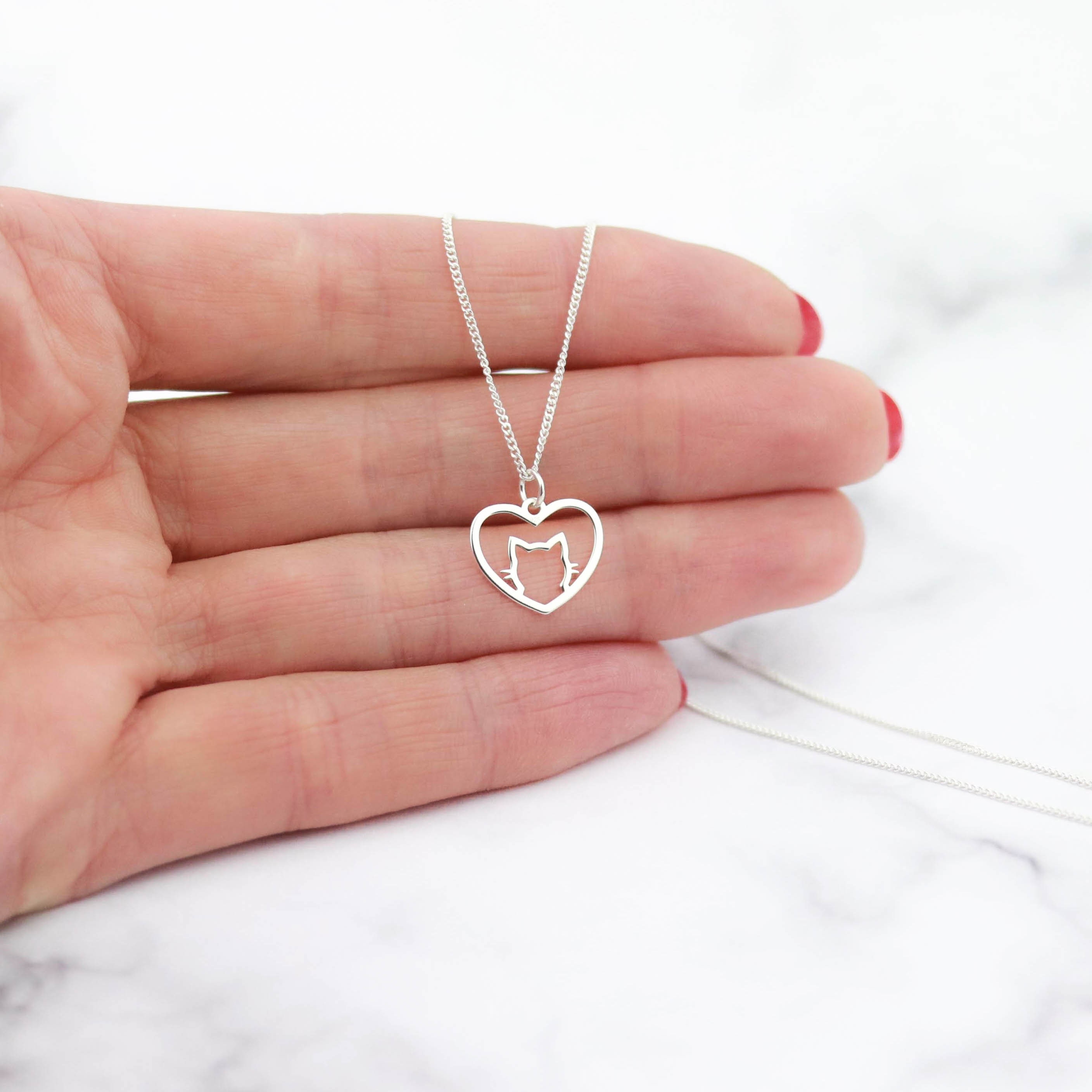 Cat Necklace, Silver Cat Heart Pendant, 925 Sterling Silver, Cat Lover  Gift, Kitten Jewellery for Girls, Women, Mum - Etsy