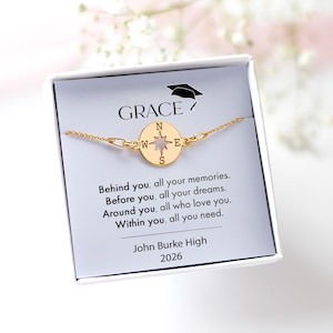 Graduation Gift for Her - Gold Compass Bracelet - Personalised High School, University, Keepsake Jewellery for Daughter, Niece or Friend