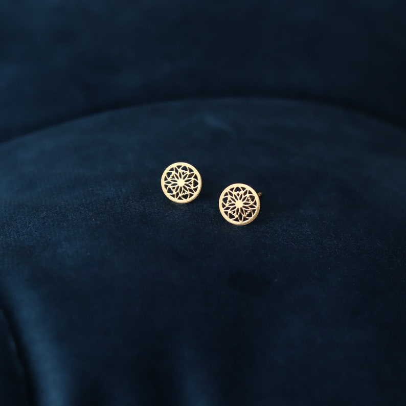 Gold-plated mandala stud earrings, hypoallergenic and chemical-free for sensitive skin