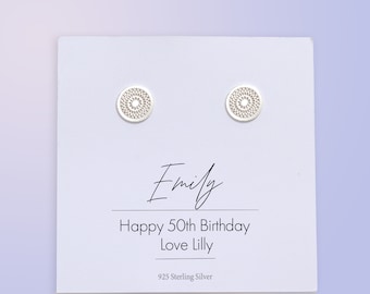 50th Birthday Gift for Women - Silver Mandala Stud Earrings - Personalised 50th Birthday Present for Her - Best Friend Gift Custom Name Gift