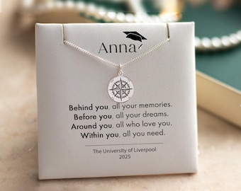 Graduation Gift for Daughter Compass Necklace - Silver Keepsake Jewellery for Her - High School College University Gift
