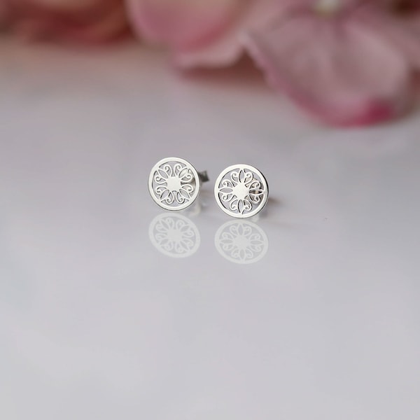 Silver Ear Stud Earrings - Elegant sterling silver earrings for women - Dainty-tiny-circle mandala design, Suitable for sensitive skin