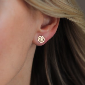 Tiny dainty mandala gold stud earrings, skin-friendly and irritation-free.