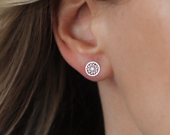 Mandala Stud Earrings in 925 Sterling Silver - Minimalist Tiny Earrings, Hypoallergenic Allergy-Free Studs for Sensitive Ears