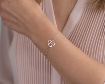 Sterling Silver Cat Bracelet - Dainty Pet Lover Gift - Heart Charm