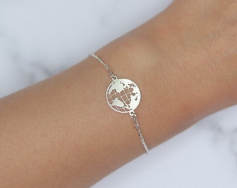 World Map Bracelet For Women, Globe Bracelet, Travel Gift, Sterling Silver Jewellery, Adjustable Charm Bracelet, Personalised Gift