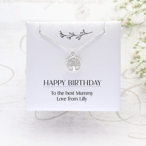 Presente de aniversário personalizado para a mãe - Colar de prata com a árvore genealógica da vida e caixa de presente elegante com mensagem - Mamãe | Mamãe | Mãe