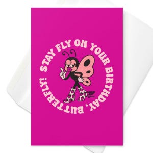 Karta z życzeniami Stay Fly On Your Birthday Butterfly – zabawna i zadziorna kartka urodzinowa, uroczy styl retro