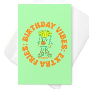 Carte Vibes d'anniversaire - Carte de voeux d'anniversaire rétro avec frites extra impertinentes, ambiance de fête amusante et ludique