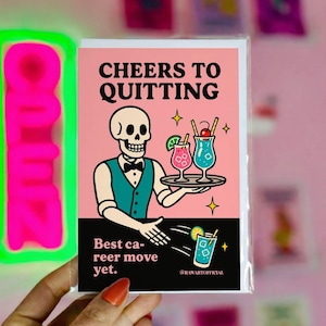 Funny Resignation Card: Cheers to Quitting Bartender Skeleton, Quit Job Congrats