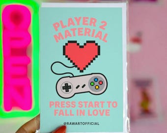 Tarjeta de amor gamer divertida: Pixel material del jugador 2, regalo retro de San Valentín y aniversario