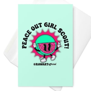 Peace Out Girl Scout-wenskaart – leuke en pittige woordspeling, leuke afscheidskaart, perfect voor vrienden, padvindsters