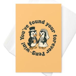 Cartão de casamento engraçado Forever Peng-win - Presente de trocadilho fofo para recém-casados, humor de casamento para amantes de pinguins, perfeito para noivos