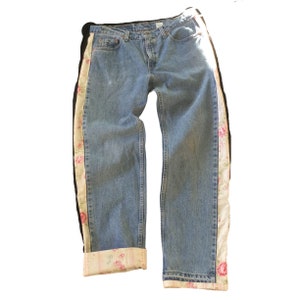 Baggy Side Striped Upcycled Jeans Boho cottagecore jeans women's upcycled sustainable fashion low rise denim casual wear versatile jeans