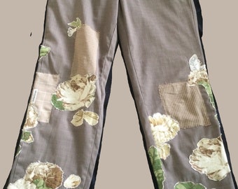 Tattersall Baroque pants.  Brown Plaid pants with floral appliqué.  Patchwork pants with vintage floral applique.