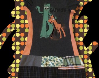 Vintage t-shirt dress iconic Gumby and Pokey graphic upcycled tunic dress whimsical refashioned boho patchwork tshirt dress casual grunge