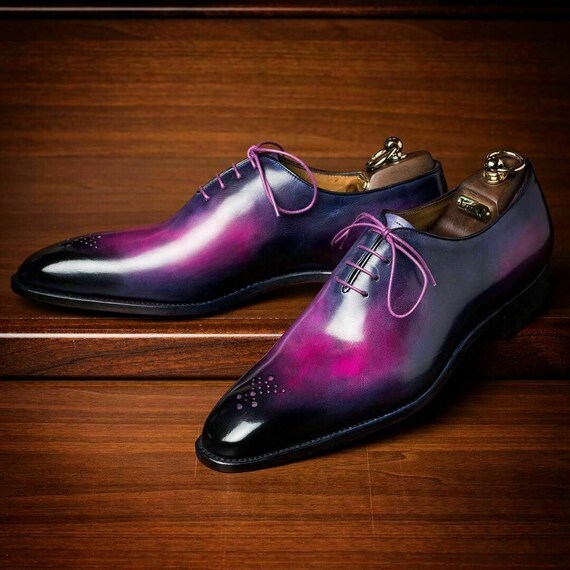 Mens Handmade Leather Shoes Purple Patina Formal Dress Shoes, Unique Hand Color