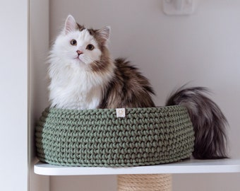 Cama de gato verde. Cama de gato de ganchillo, Nido de gato, cama redonda para gatos, cueva de ganchillo, cama para gatos moderna, muebles para gatos, ropa de cama para gatos, sueño para gatos, accesorios