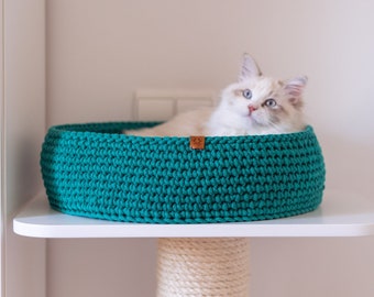 Cama para gatos Emerald Crochet, Cat Nest, cama redonda para gatos, cueva para gatos, cueva de ganchillo, cama para gatos lavable, nido para gatos de algodón, cueva para gatos de algodón, ropa de cama para gatos