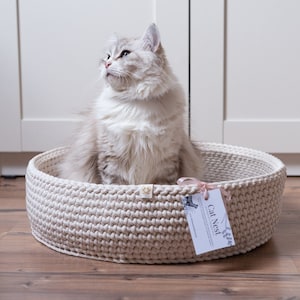 Ecru cat bed made of cotton cord, washable Cat Nest, comfy round cat bed. Cat cave for sleeping and relax. cat modern furniture