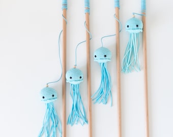 Juguete de varita para gatos en forma de medusa, color turquesa, con hierba gatera