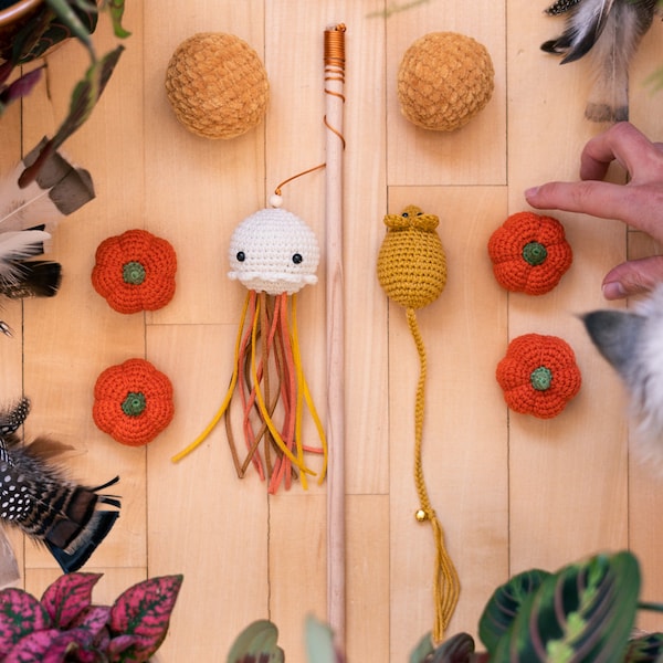 Gehäkeltes Katzenspielzeug Spielset, Katzenminze Maus, Kürbis, Qualle Zauberstab