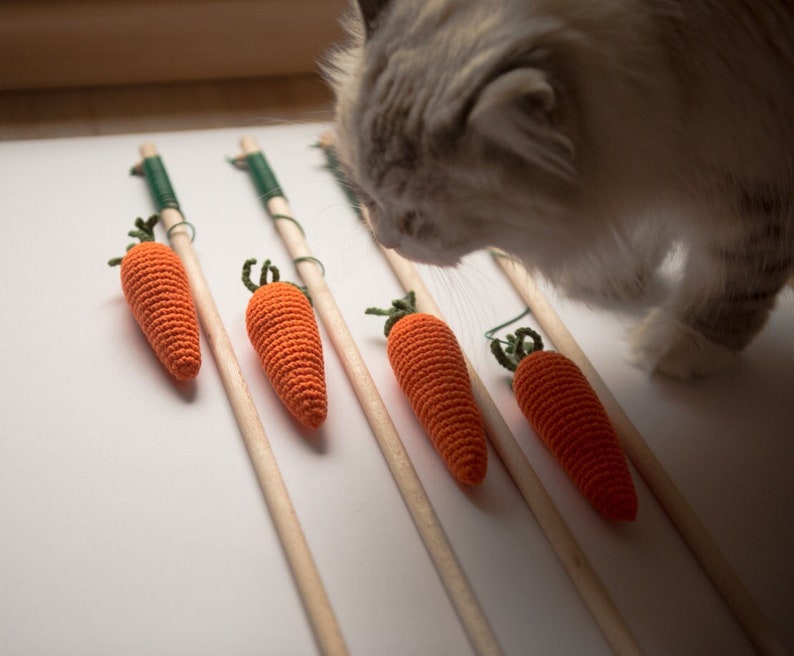 Carrot cat toy, cat toys, carrot toy, catnip toy, wooded cat toy, cat wand toy, cat teaser toy, cat toy, valerian cat toys, crochet cat toy image 3