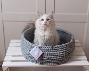 Grey cat bed, washable Cat bed, round cat bed. Cat cave for sleeping and relax. cat modern furniture, cotton basket, cat bedding, cat basket