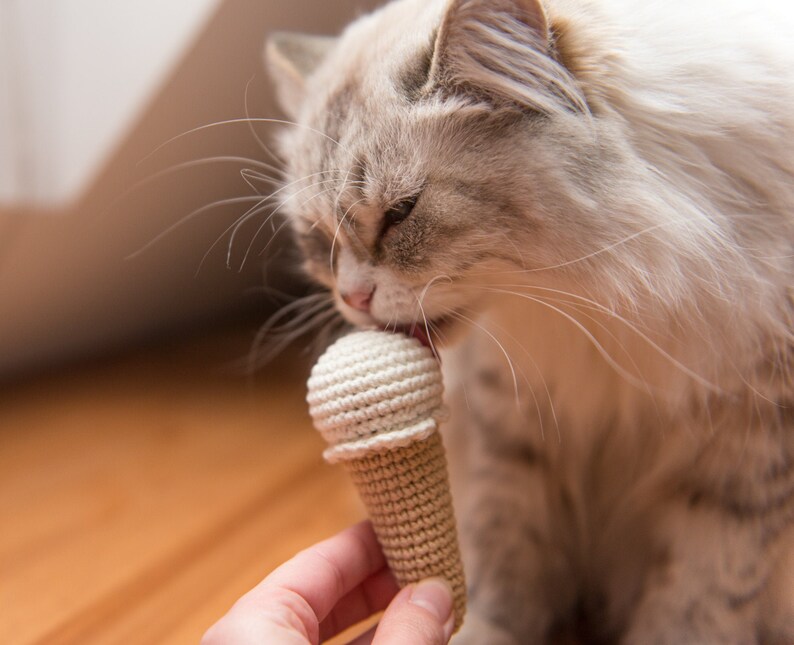 Puede incluir: Un gato blanco de pelo largo est&aacute; lamiendo un juguete de helado de ganchillo.