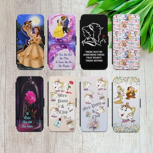 Belle en het Beest Prinses Belle Mrs Potts Chip Flip Wallet Case voor iPhone 7 8 Xs XR 11 12 13 14 Samsung A12 A34 5G S21 S22+ S23, Google