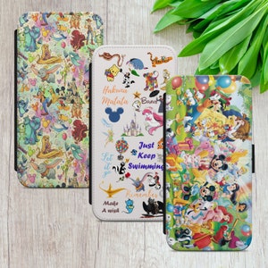 Custodia per telefono con portafoglio a conchiglia Mickey Minnie Dumbo Stitch Sketch Art Collage per iPhone XR 11 14 15 16, Samsung A15, S10+, S23 FE, Google
