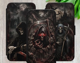 Grim Reaper Gothic Skull Wallet Phone Case, Canvas PU Leather, Halloween Gift