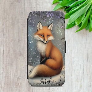 Funda de teléfono con tapa tipo billetera con diseño floral y nombre de zorro personalizado para iPhone XR 11 12 13 14+ 15 16, Samsung S10 S20 S21+ S22 S23 S24fe A15, Google